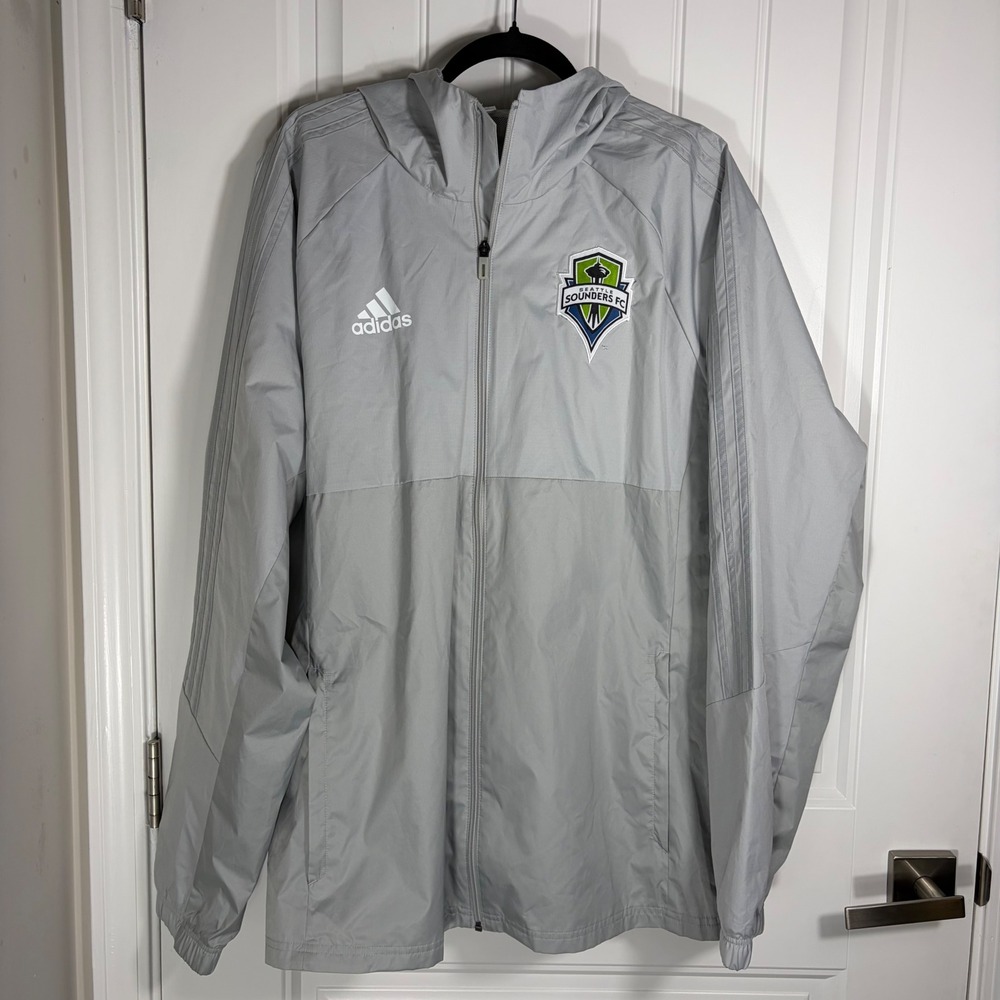 Adidas Seattle Sounders FC Xbox Windbreaker Jacket Mens XL Grey Full Zip Hooded